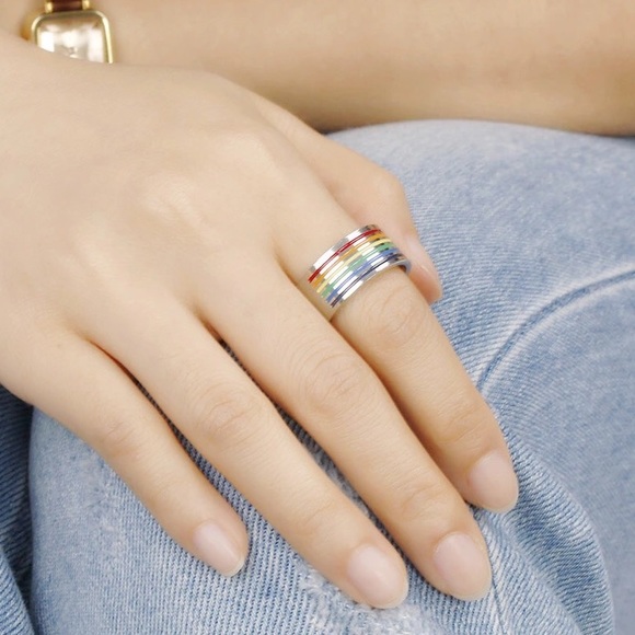 REDUCED Stainless Steel Wide Unisex Pride Ring S 8 - Picture 4 of 6